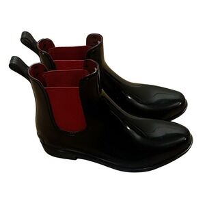 Lauren Ralph Lauren Tally Rubber Boots 9 Black Red Chelsea Rain Booties